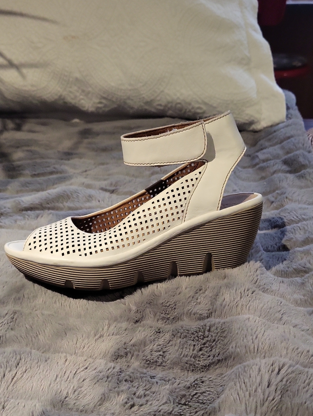 Clarks White Perforated Ankle-Strap Wedge Sandal
